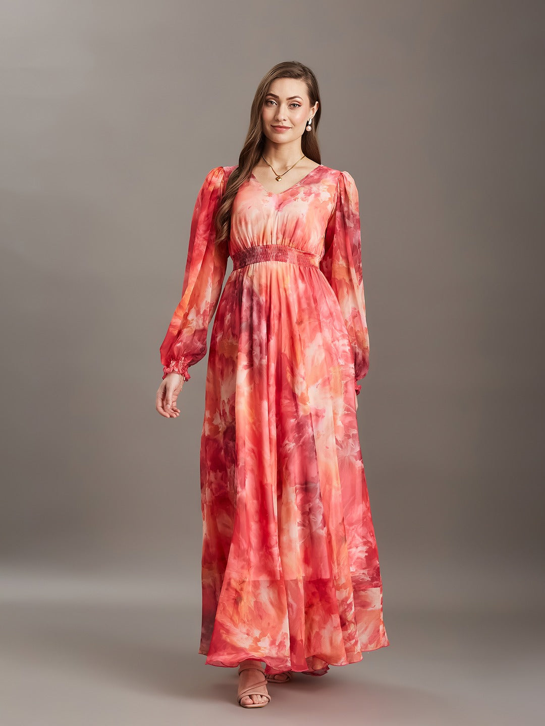 Flame Orange & Pink Floral V-Neck Bishop Sleeve Smocked Chiffon Maxi Dress for Women