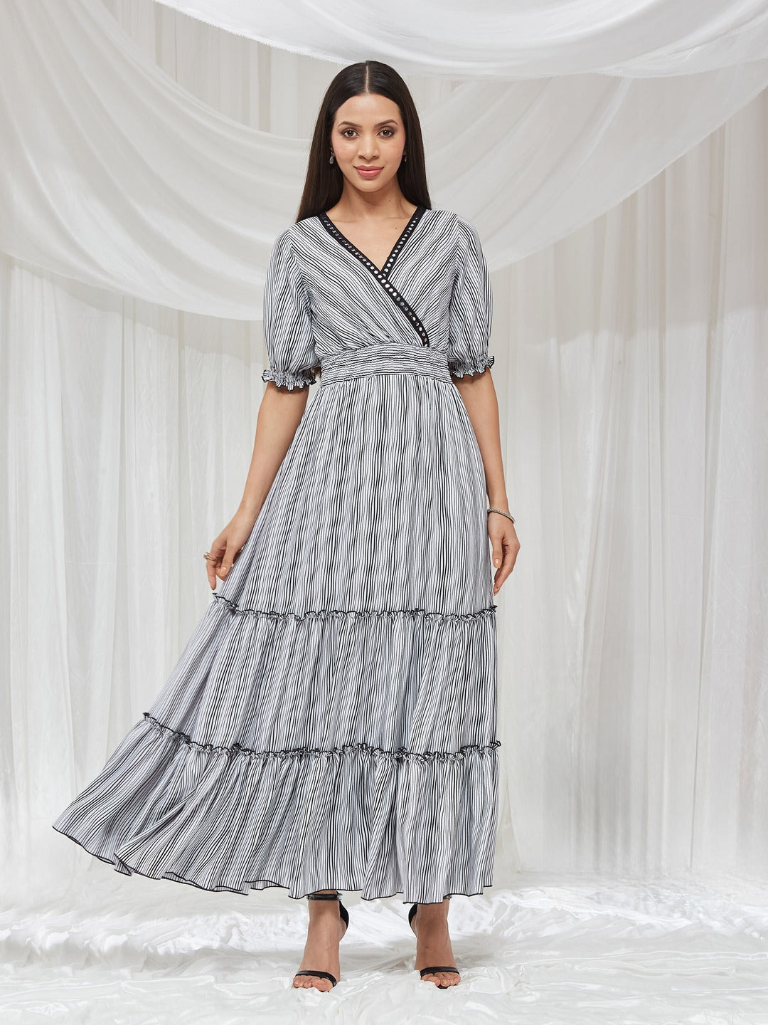 Black and White Overlapped Puff Sleeve Striped Wrap Crepe Maxi Dress for Women