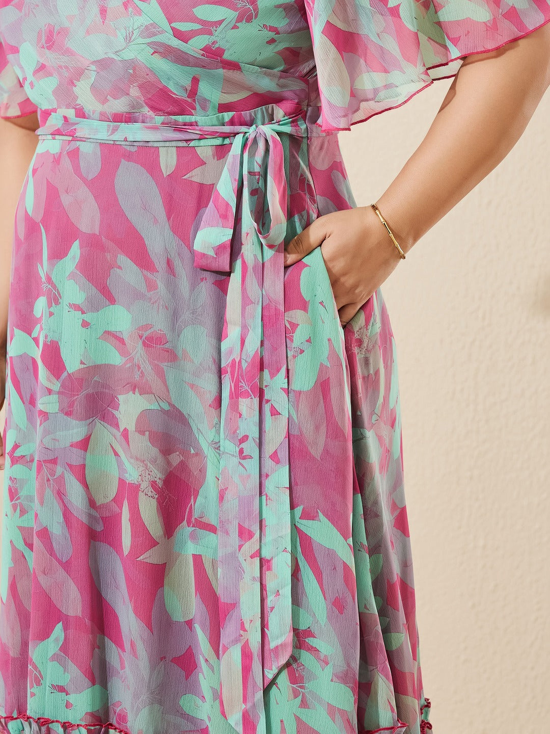Pink & Mint Floral V-Neck Flutter Sleeve Wrap Chiffon Maxi Dress for Women