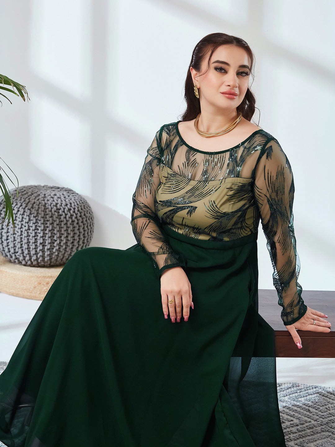 Green & Beige Solid Embellished Maxi Dress for Women