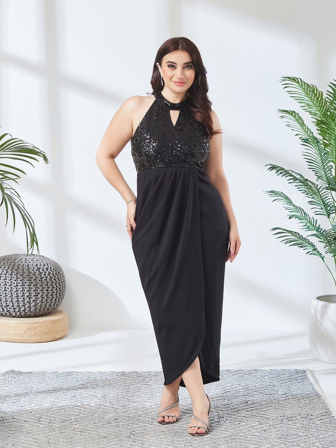 Black Halter Neck Sleeveless Solid Embellished Midi Dress for Women