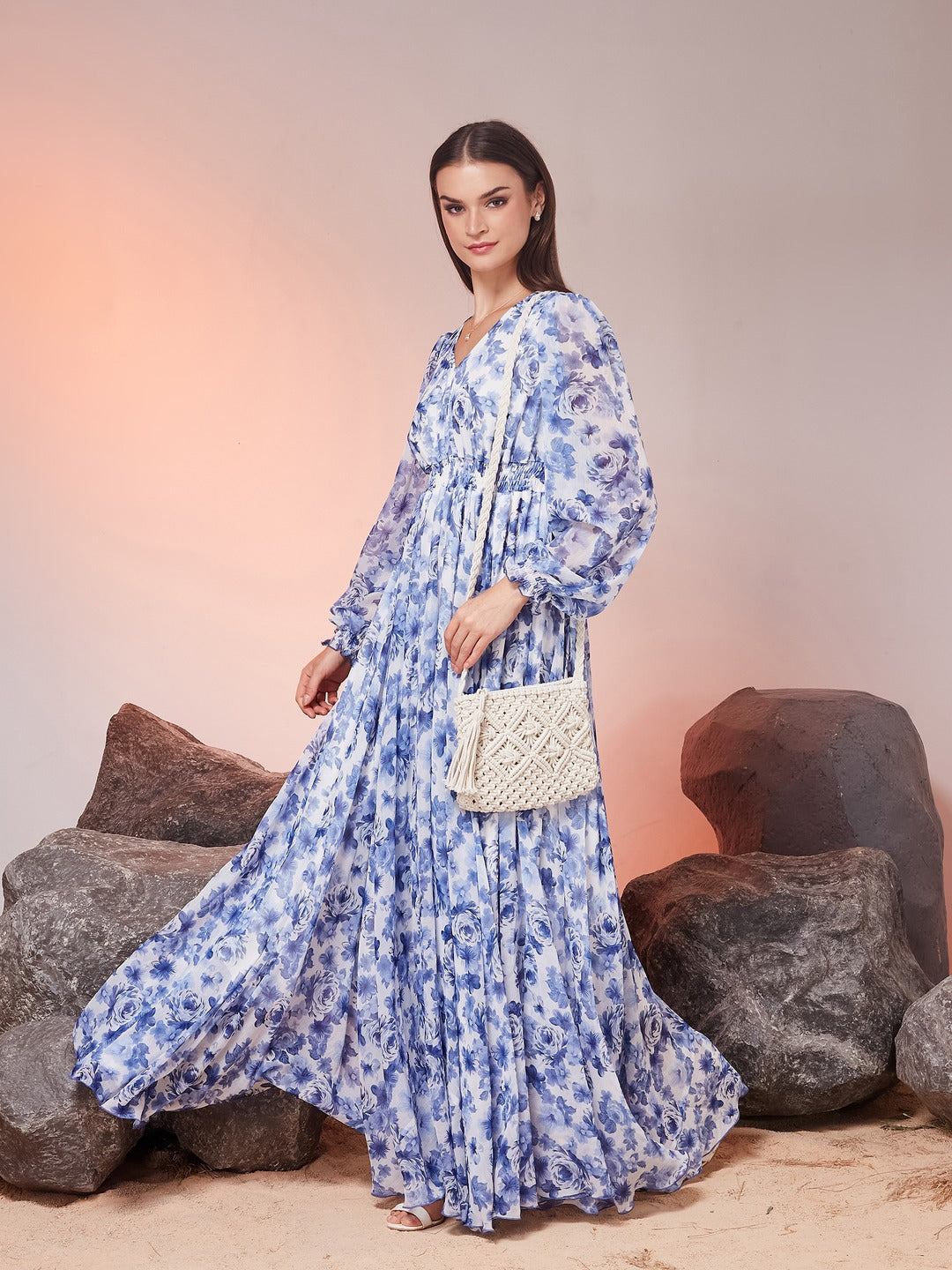 White V-Neck Full Sleeve Floral Gathered Chiffon Maxi Dress for Women