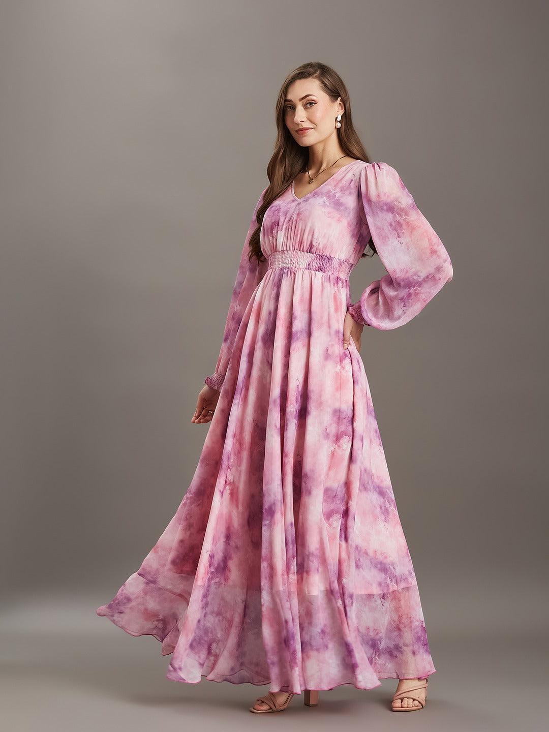 Pink & Lavender Floral V-Neck Bishop Sleeve Smocked Chiffon Maxi Dress for Women