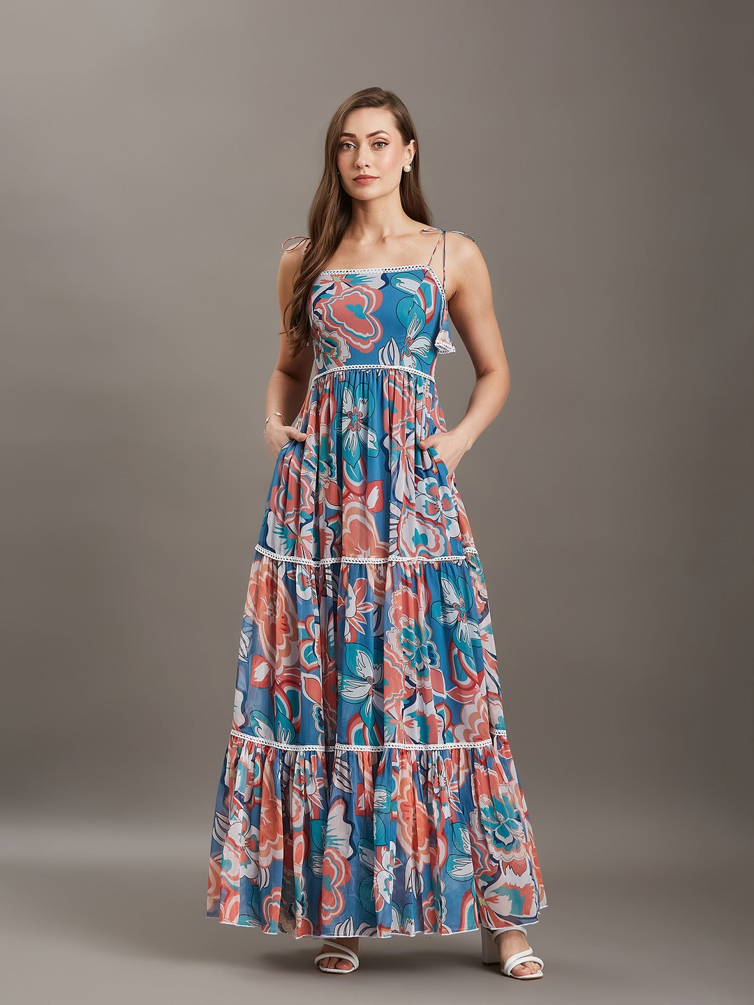 Azure Blue Shoulder Tie-Up Tie-Up Floral Tiered Maxi Chiffon Dress for Women