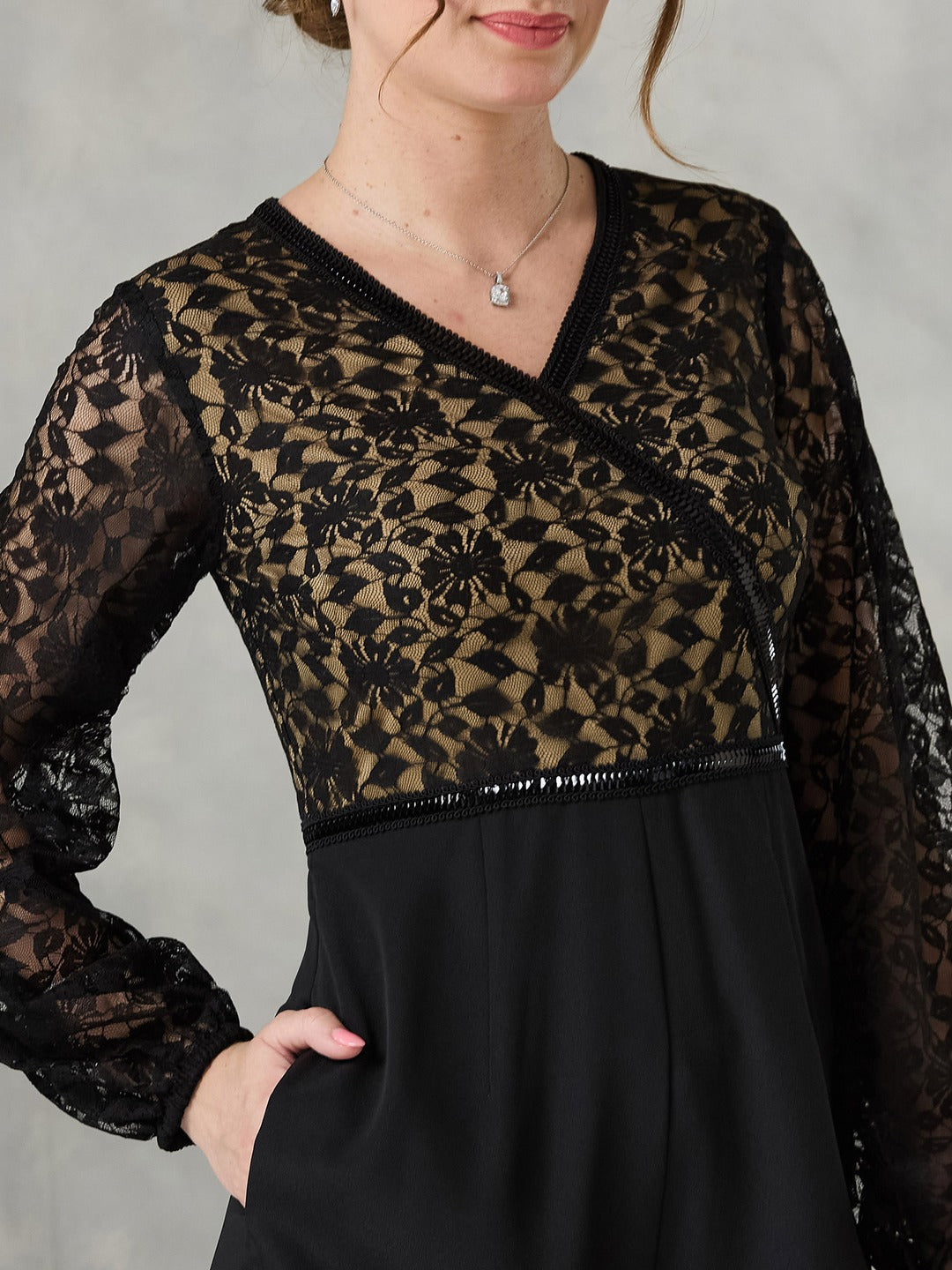 Black Self-Design Crepe V-Neck Jumpsuit with Balloon Sleeves and Lace Detailing for Women