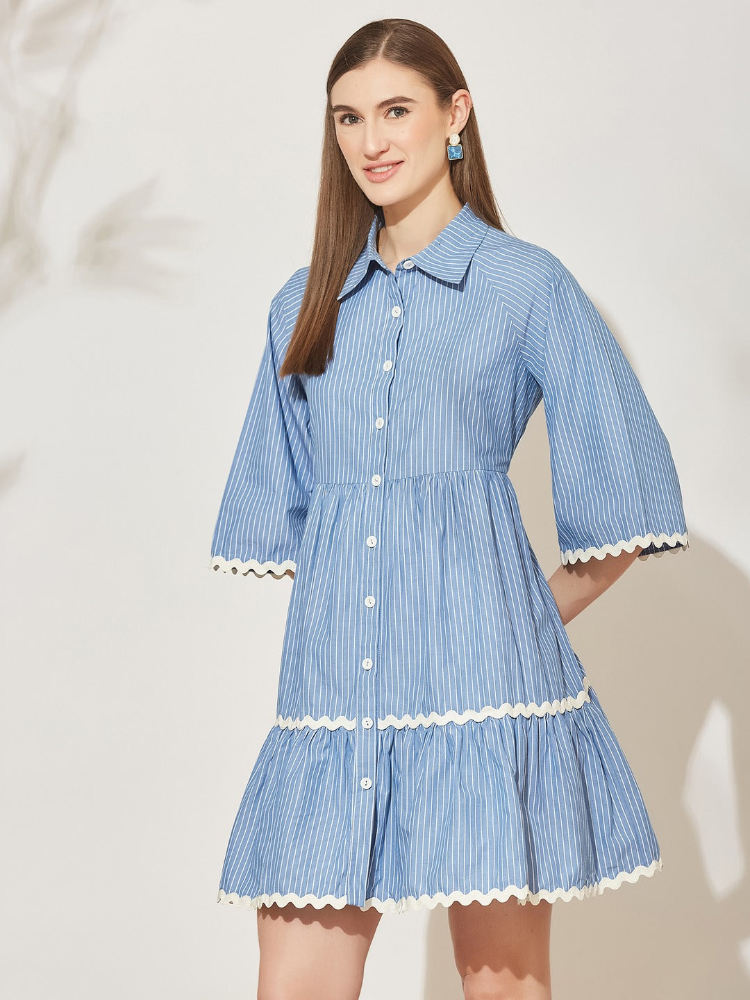 Light Blue Striped Cotton Shirt Dress with Flared Sleeves and Tiered Hem for Women