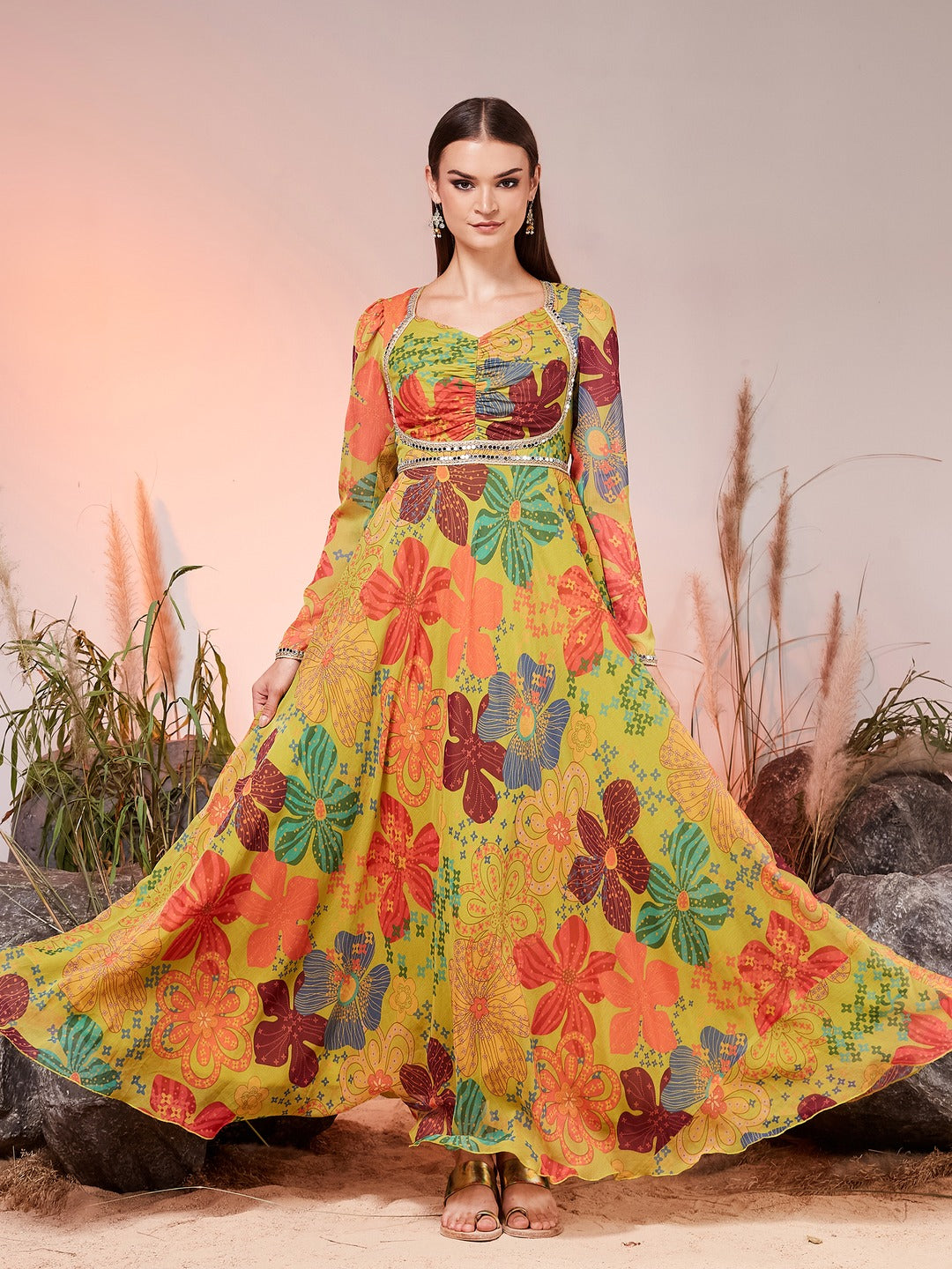 Lime Green Sweetheart Neck Bishop Floral Ruched Maxi Chiffon Ethnic Dress for Women