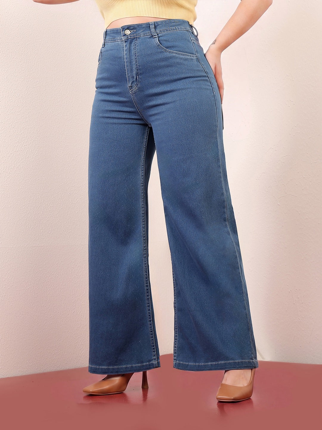 Blue Wide-Leg High-Rise Stretchable Denim Jeans for Women