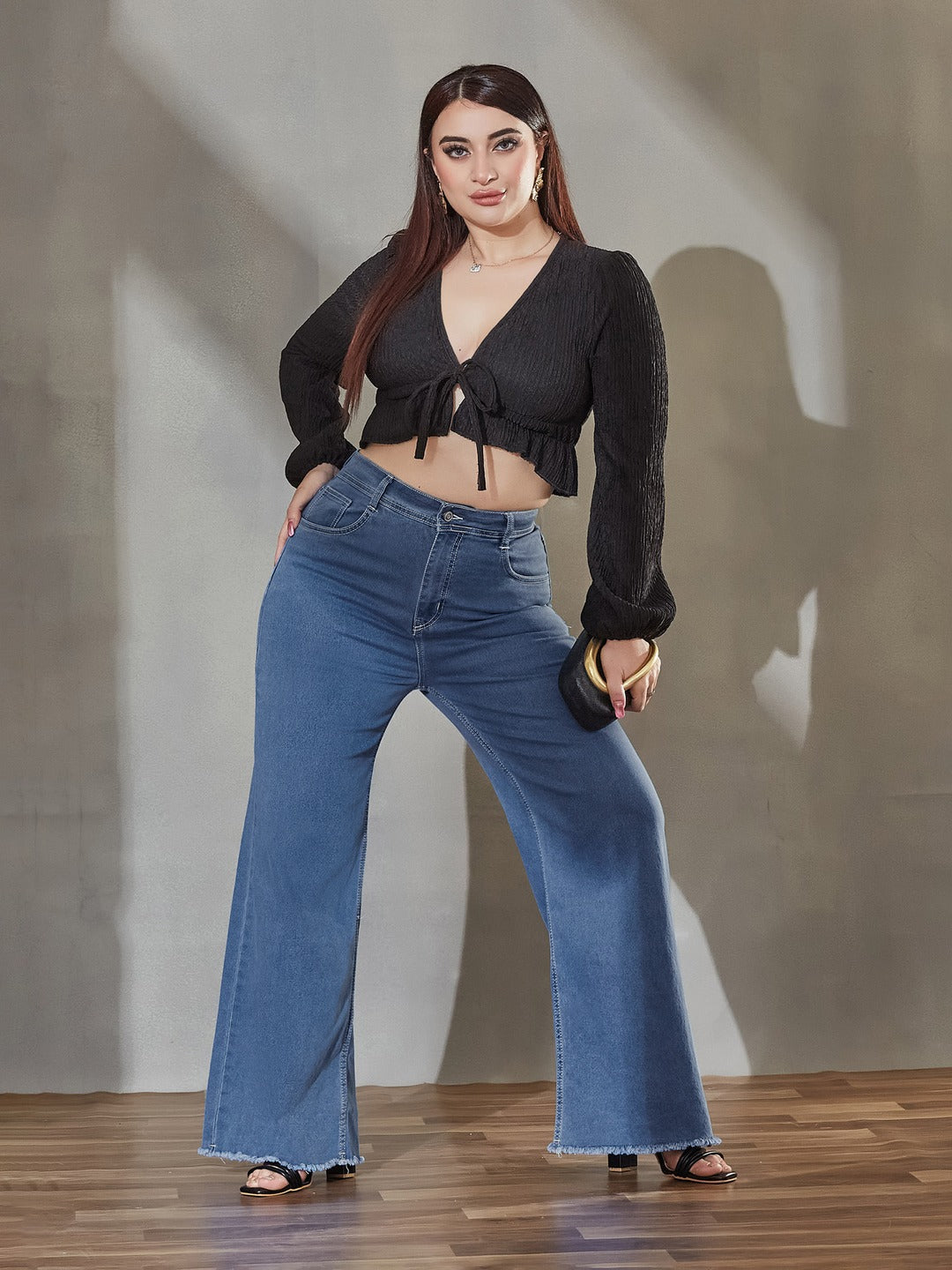 Blue Wide leg High rise Regular Stretchable Denim Jeans for Women