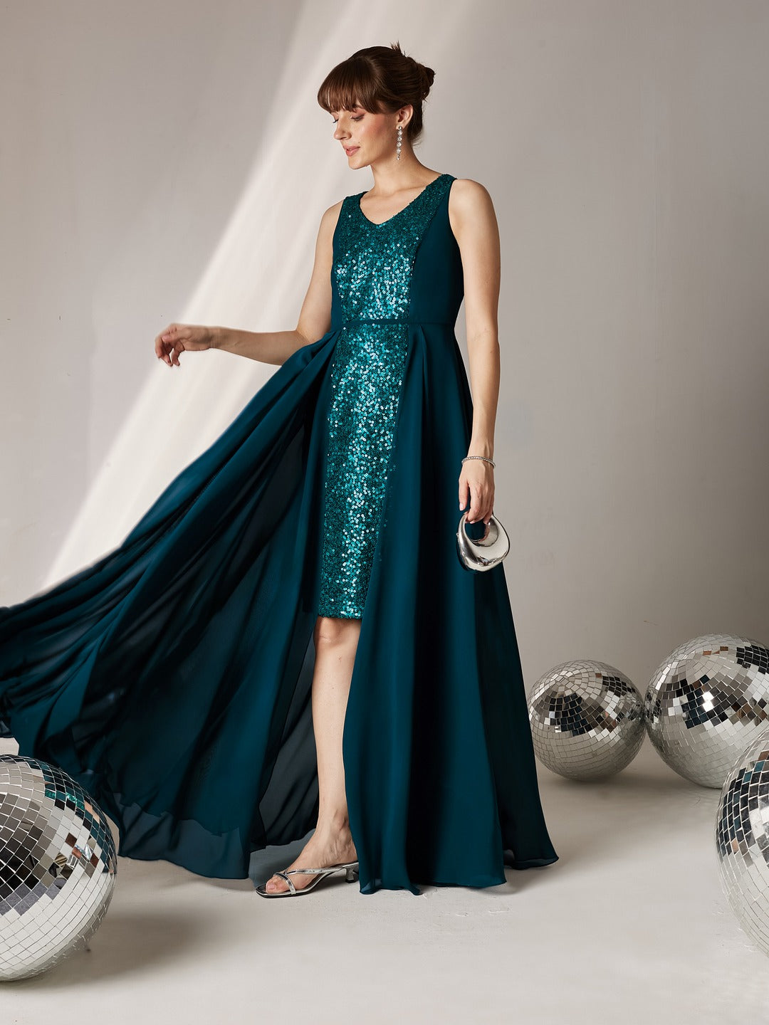 Teal V-Neck Sleeveless Embellished Layered Georgette Maxi Dress for Women