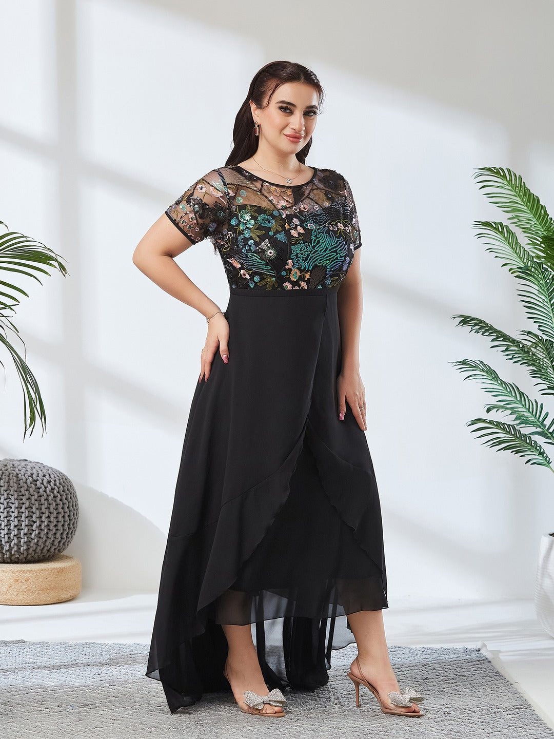 Black Round Neck Short Sleeve Floral Layered Georgette Midi Dress for Women