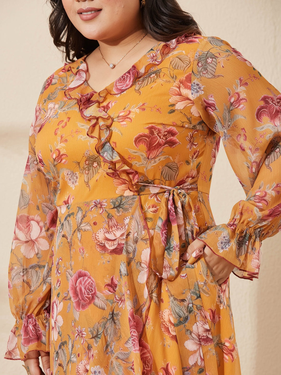 Mustard Bohemian Ruffled Tie-Up Midi Chiffon Dress for Women