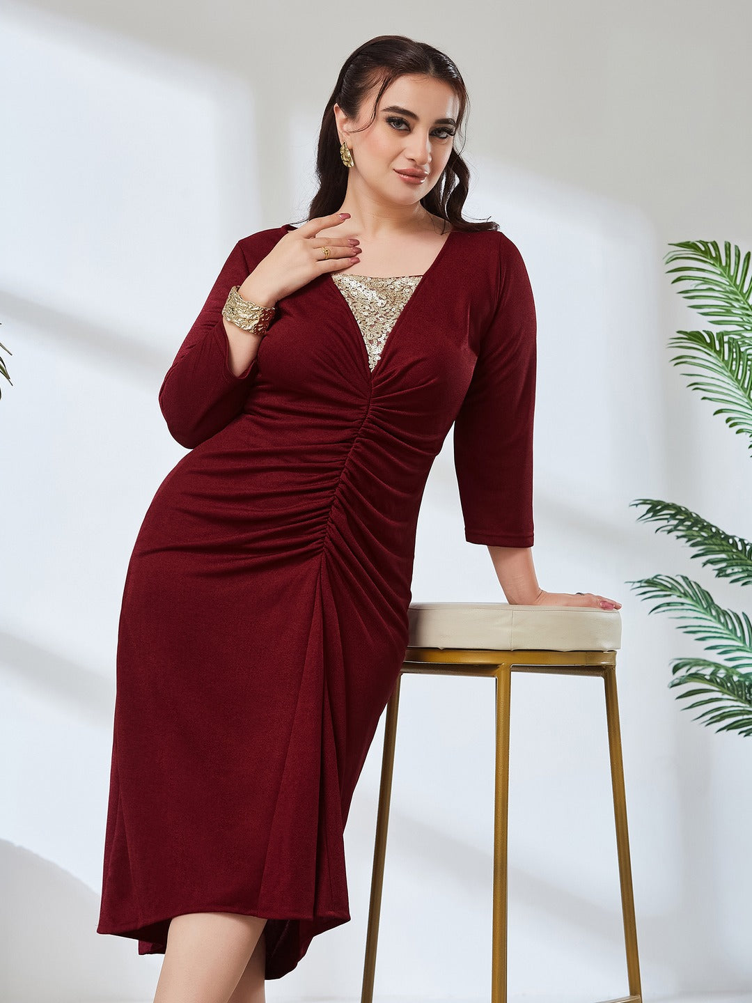 Maroon & Golden Embellished Sheath Midi Dress for Women