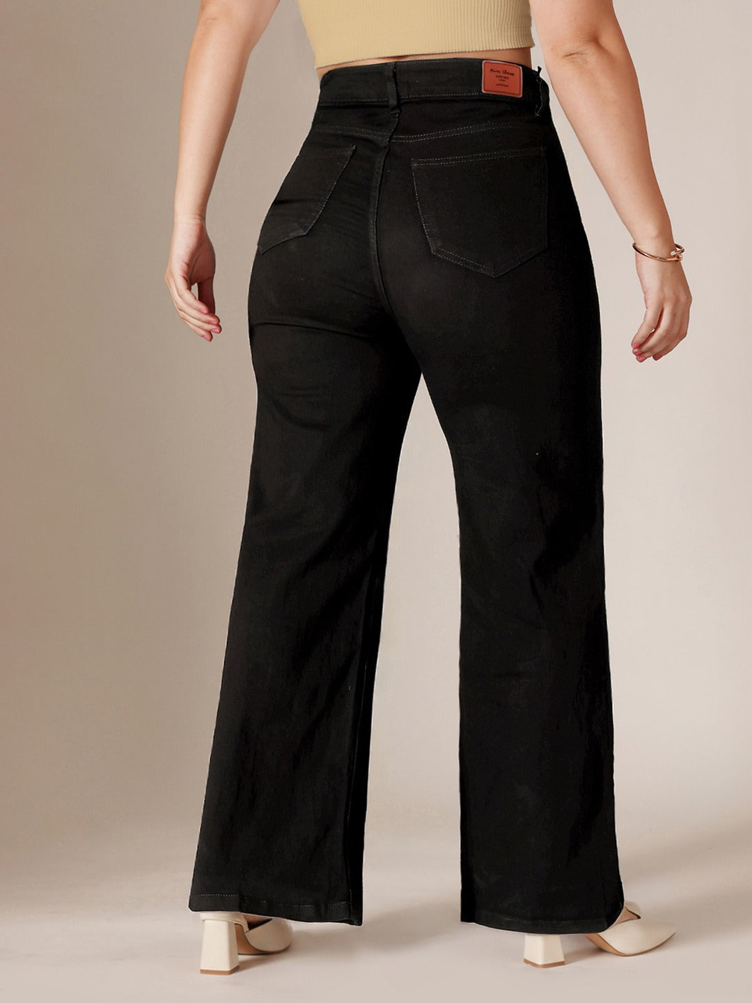 Black Wide Leg High Rise Stretchable Denim Jeans for Women