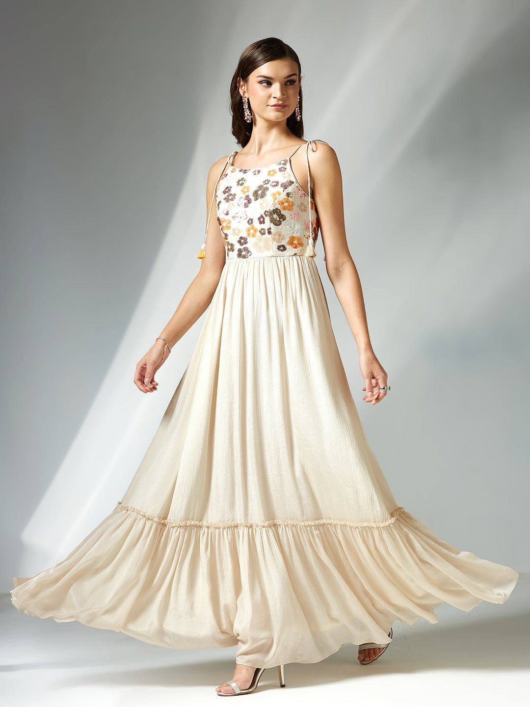 Cream Boat Neck Shoulder Tie-Up Embellished Tiered Maxi Chinon Dress for Women