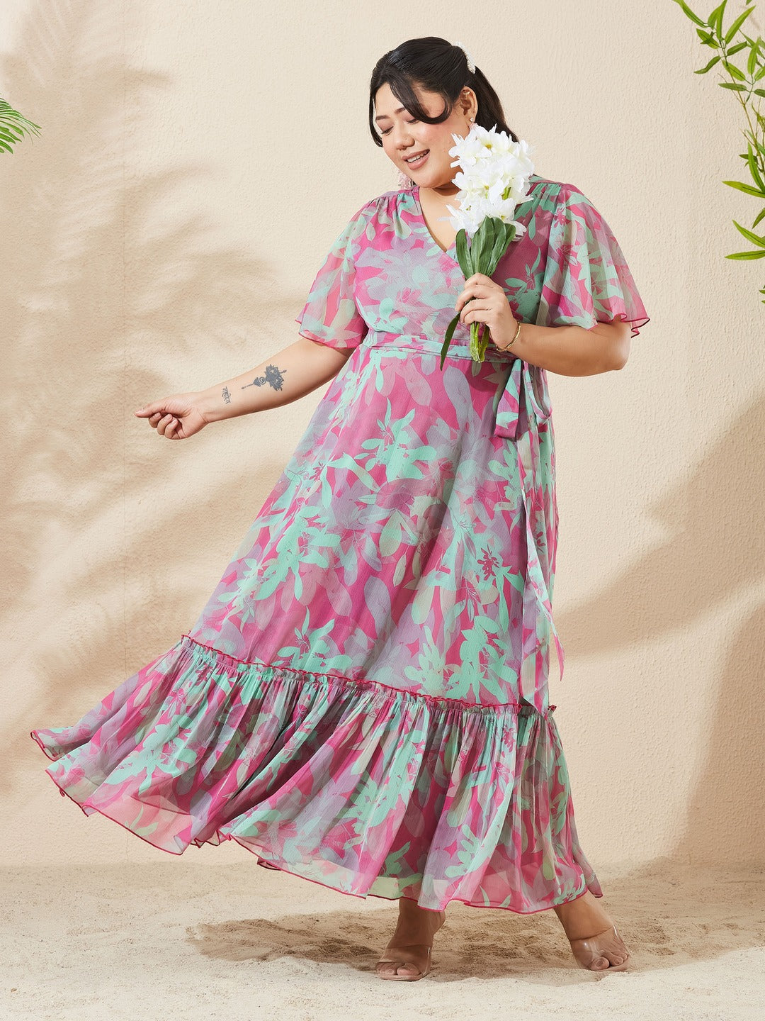 Pink & Mint Floral V-Neck Flutter Sleeve Wrap Chiffon Maxi Dress for Women