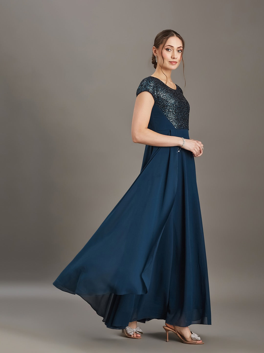 Teal Round Neck Short Sleeve Embellished Fit & Flare Maxi Georgette Dress for Women