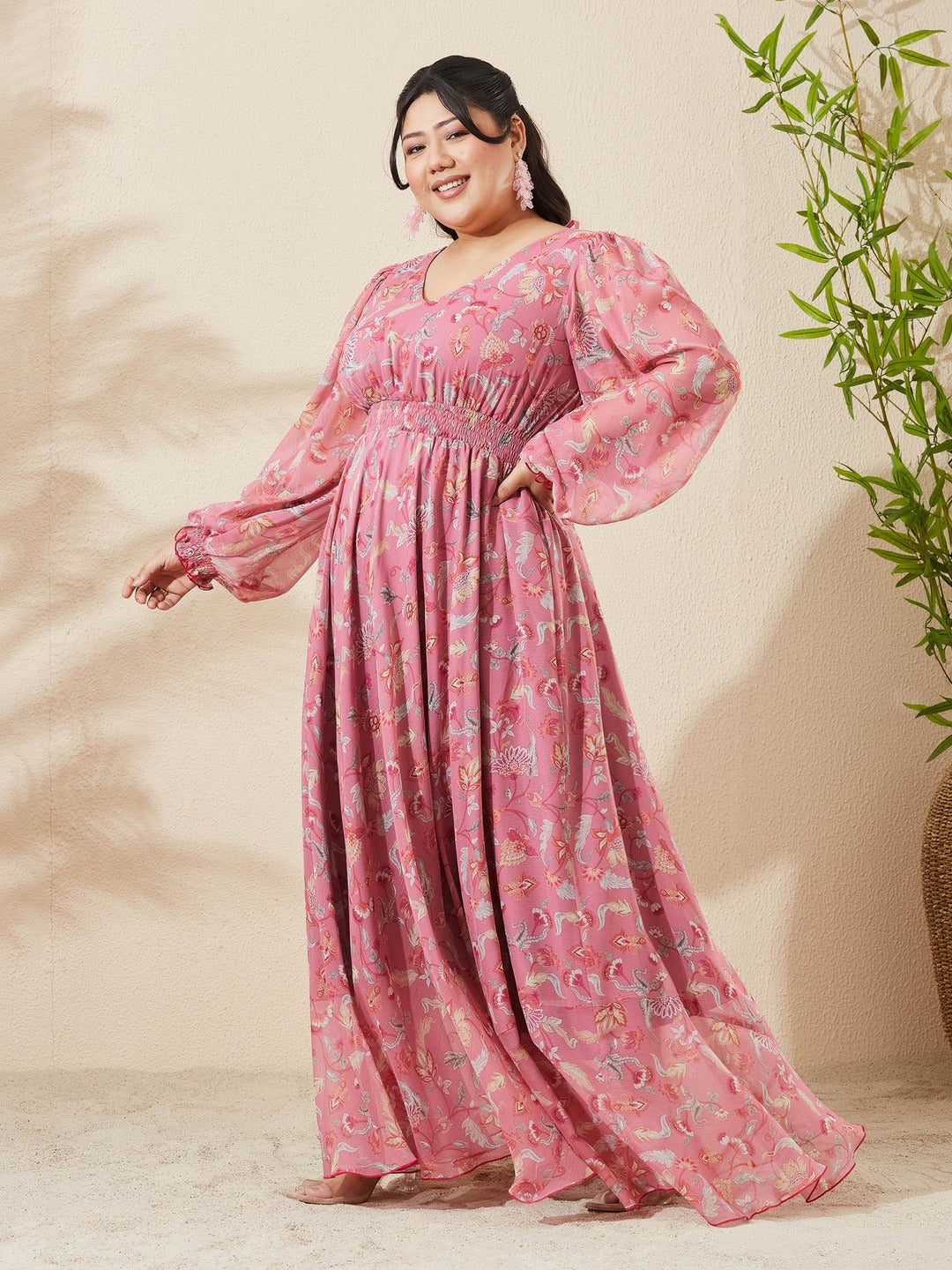 Desert Pink Floral V-Neck Bishop Sleeve Smocked Chiffon Maxi Dress for Women
