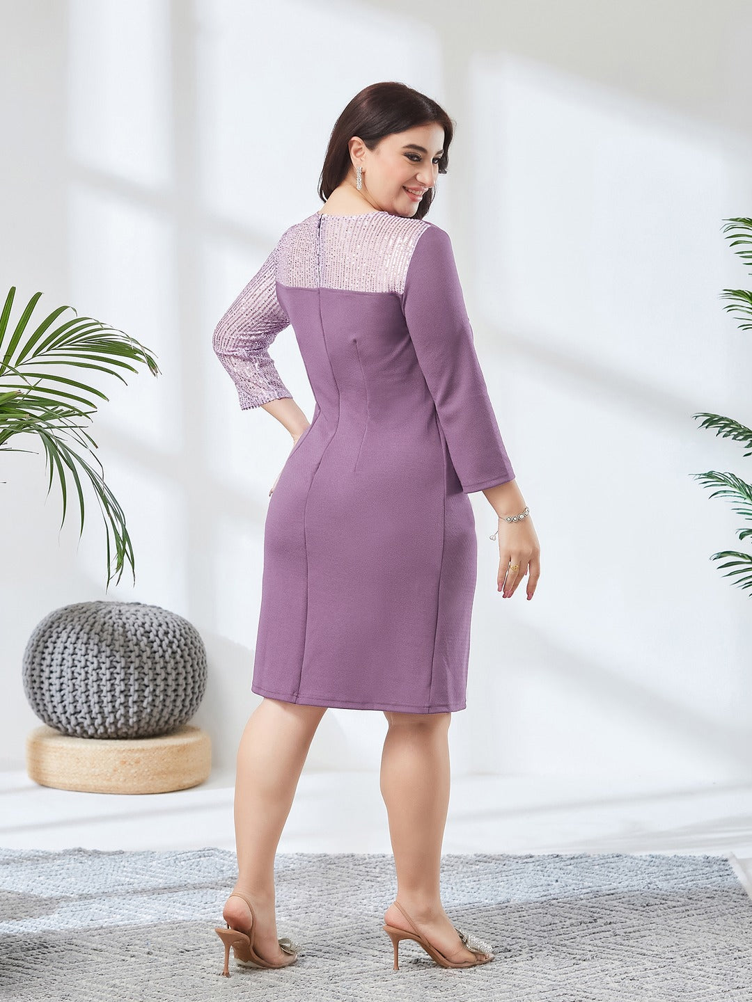 Lavender V-Neck 3/4 Sleeve Embellished Asymmetric Polyester Knee-Long Dress for Women