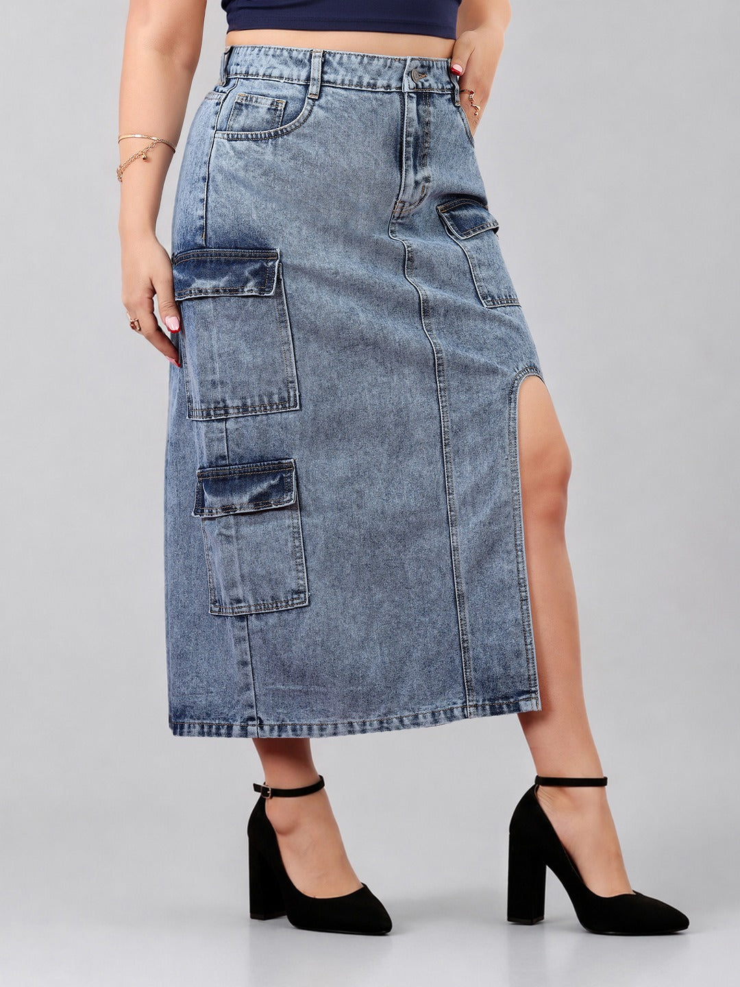 Blue Straight-Fit High-Rise Non-stretchable Denim Midi Skirt for Women