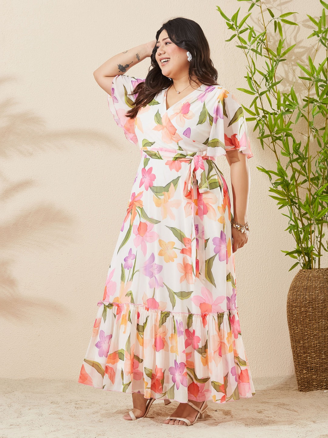 Green & Orange Floral V-Neck Flutter Sleeve Wrap Maxi Chiffon Dress for Women