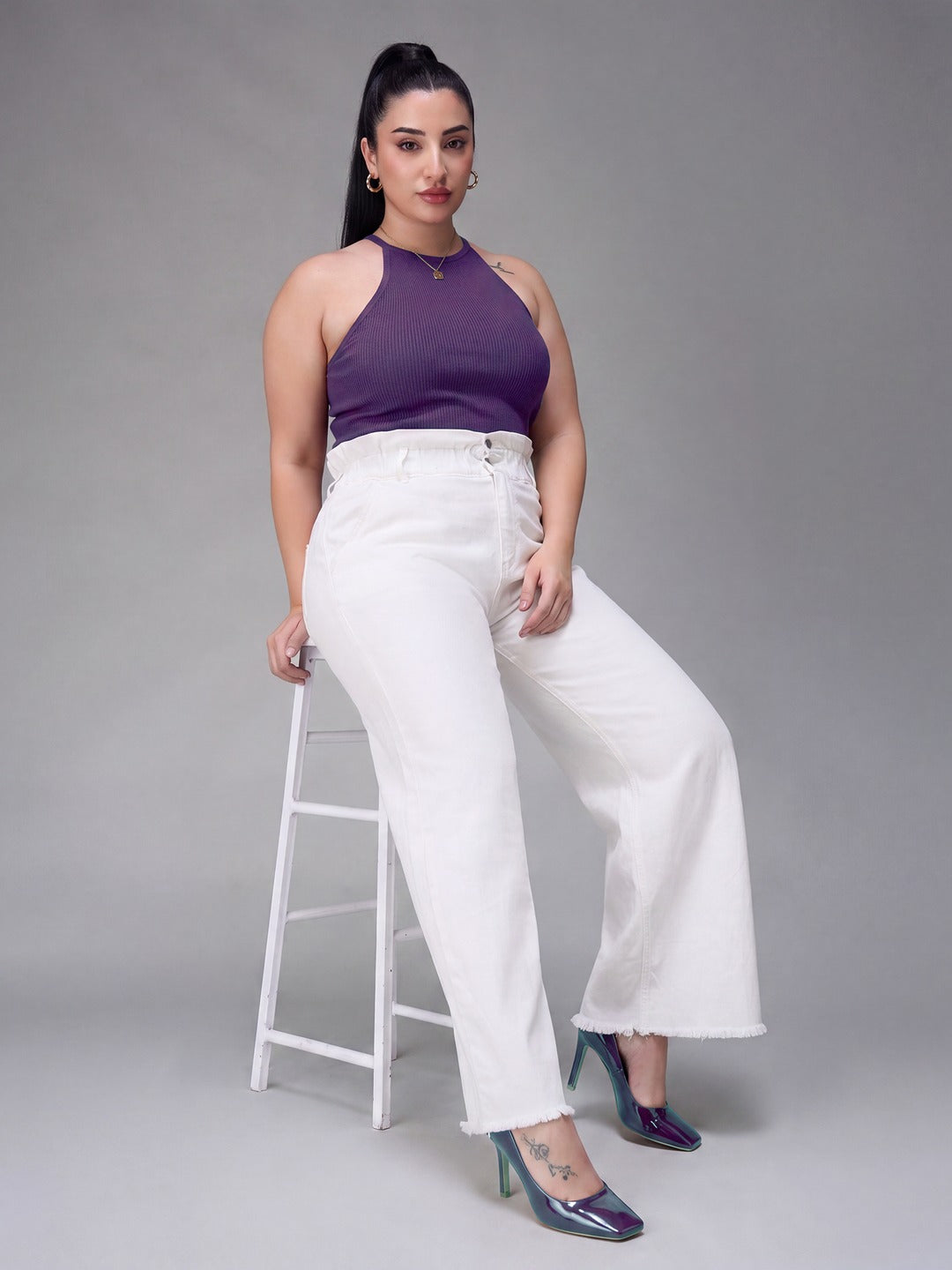 White Flared High Rise Ankle length Stretchable Denim Jeans for Women