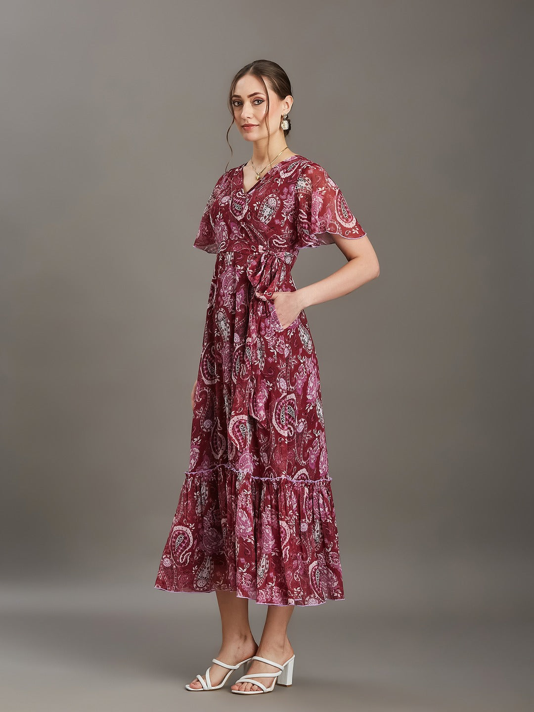 Wine V-Neck Half Sleeve Floral Wrap Maxi Chiffon Dress for Women