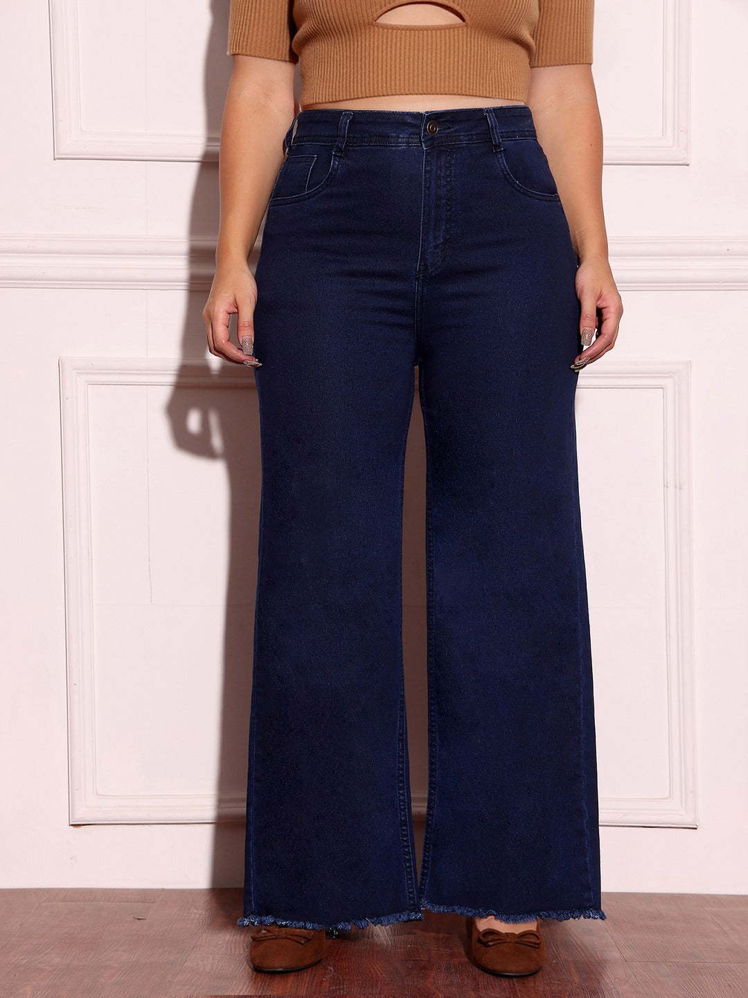 Navy Blue Wide-Leg High-Rise Stretchable Denim Jeans for Women