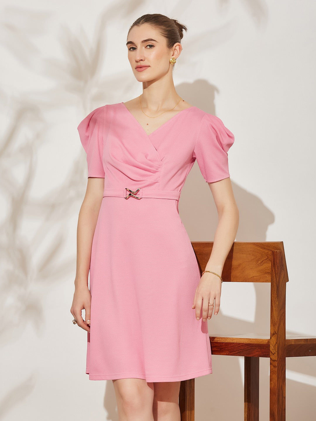 Pink V-Neck Pleated Puff Sleeve Wrap Knee-Length Polyester Dress for Women
