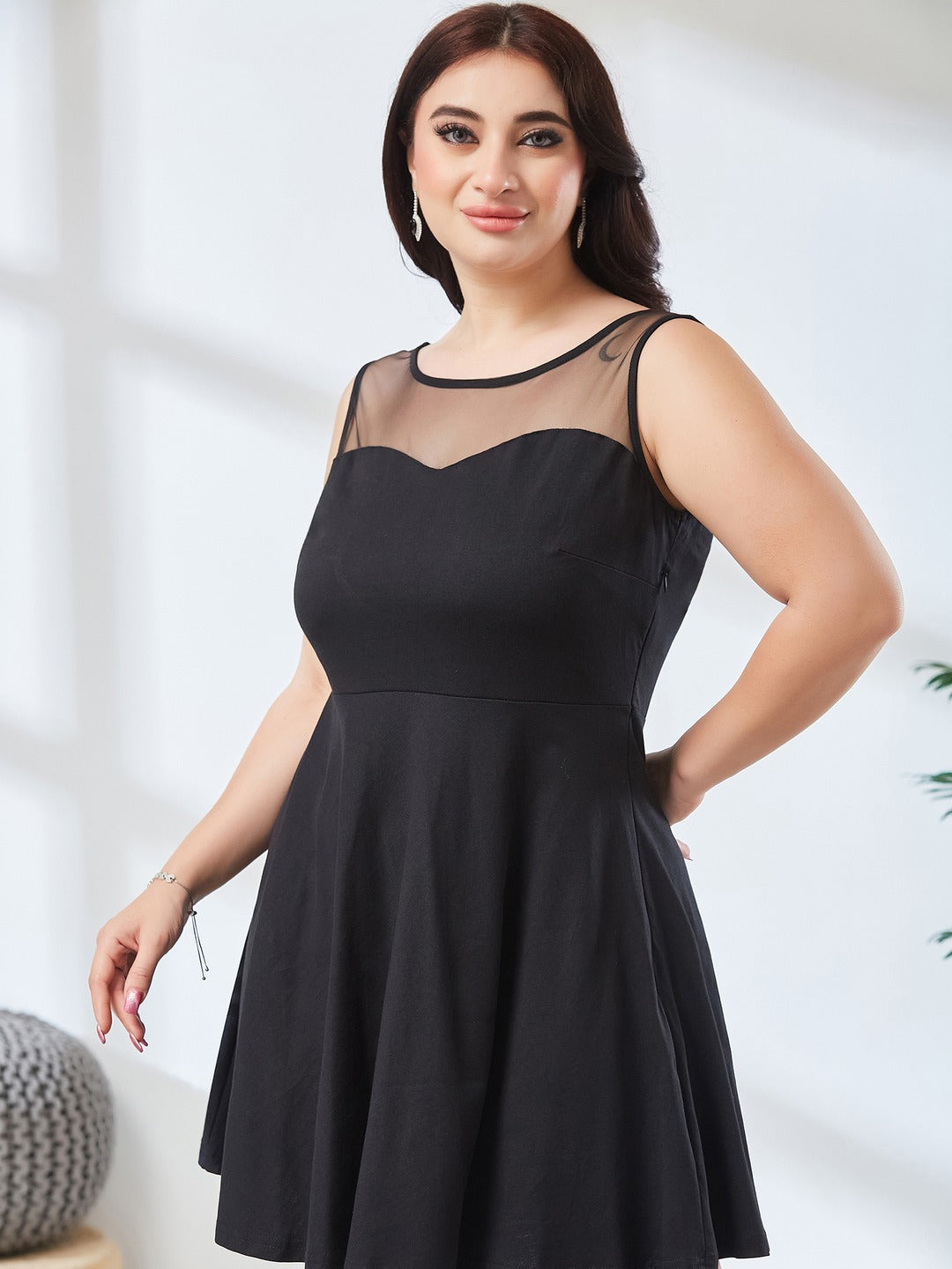 Black Round Neck Sleeveless Back Cut Out Bow Mini Skater Dress for Women