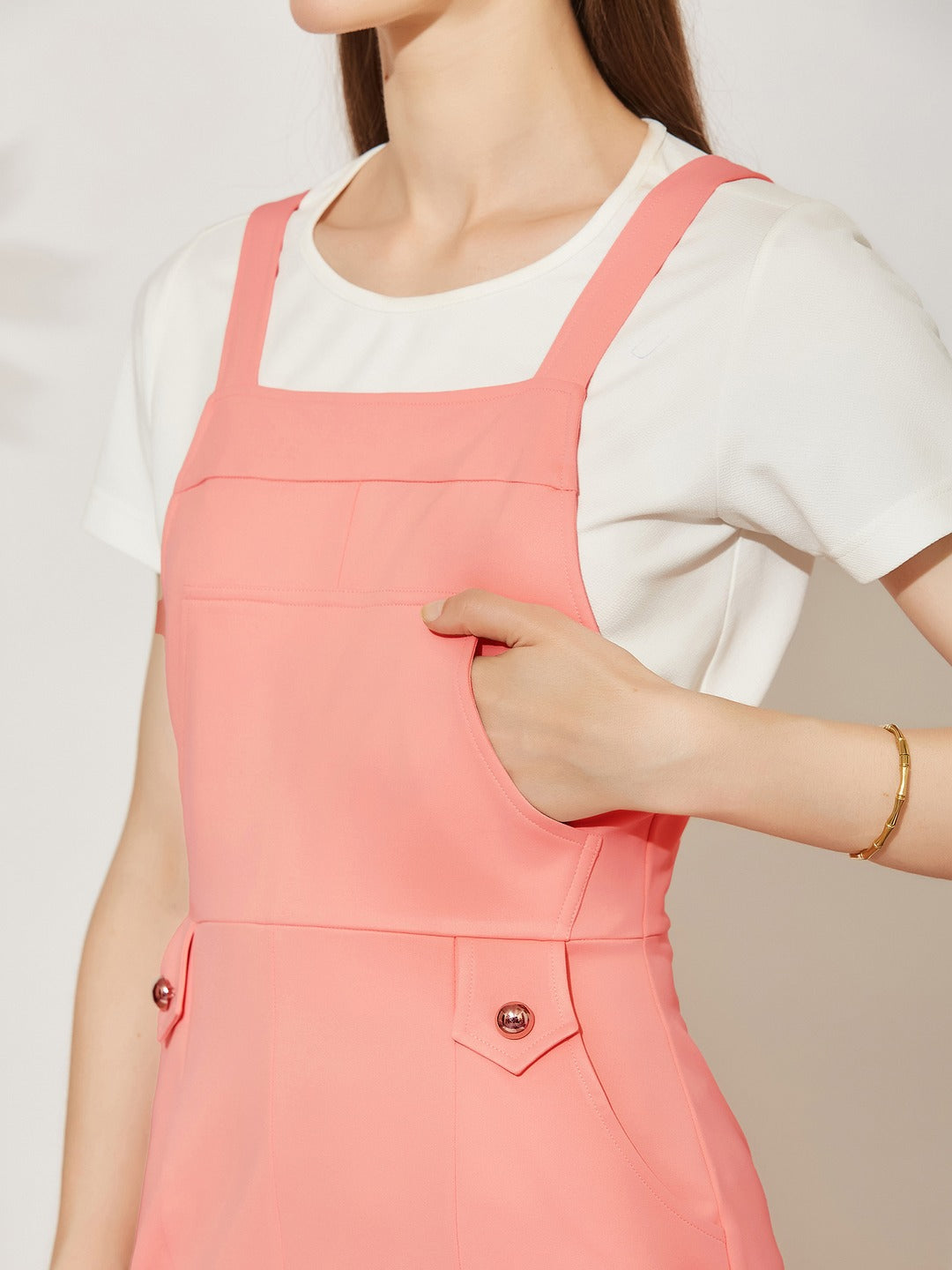 Peach and Off-White Solid Pinafore Midi Polyester Co-ord Set with Utility Pockets for Women