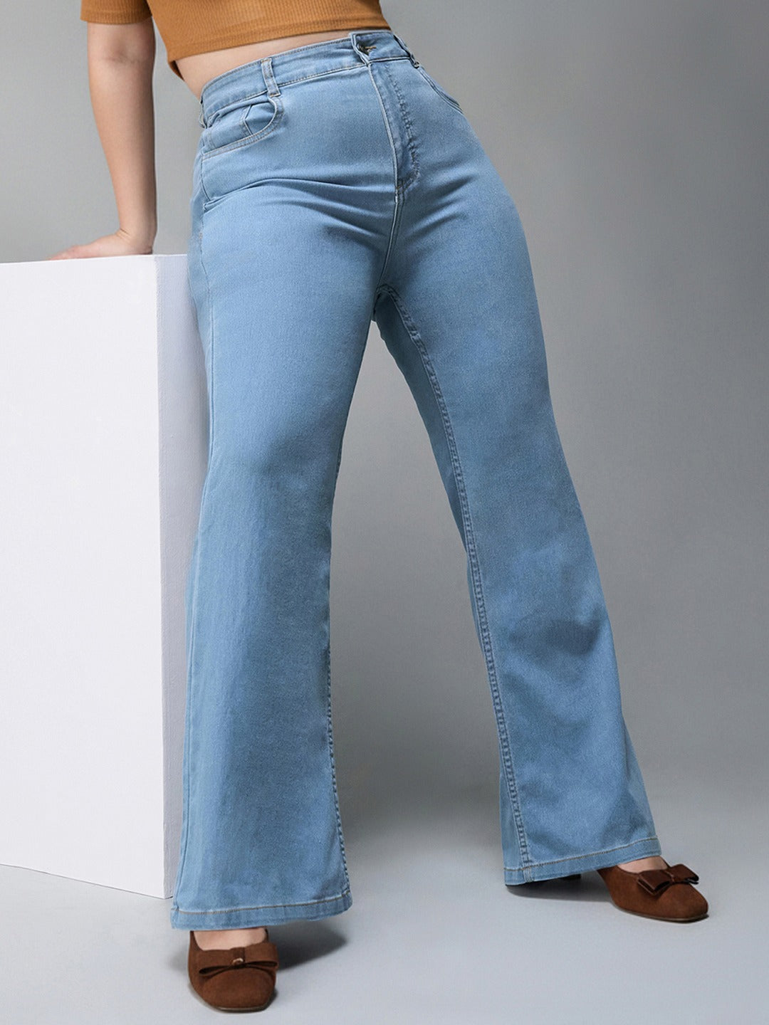 Light Blue Bootcut High rise Regular Stretchable Denim Jeans for Women