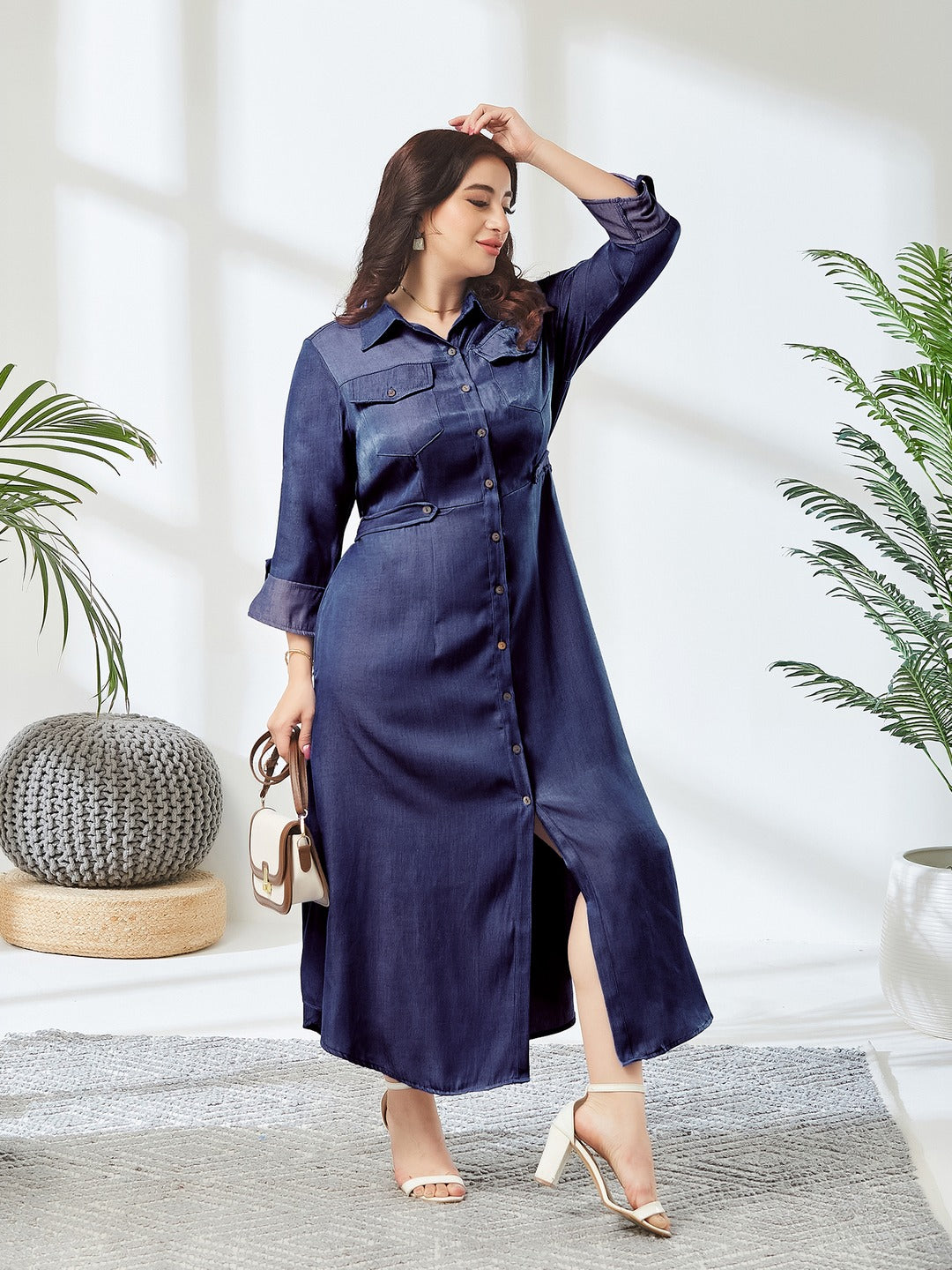 Blue Shirt Collar 3/4 Sleeve Solid Midi Polyester Shirt Dress for Women