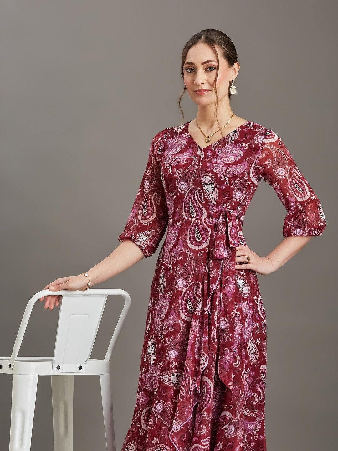 Multicolored Wine Floral V-Neck 3/4 Sleeve Wrap Midi Chiffon Dress for Women