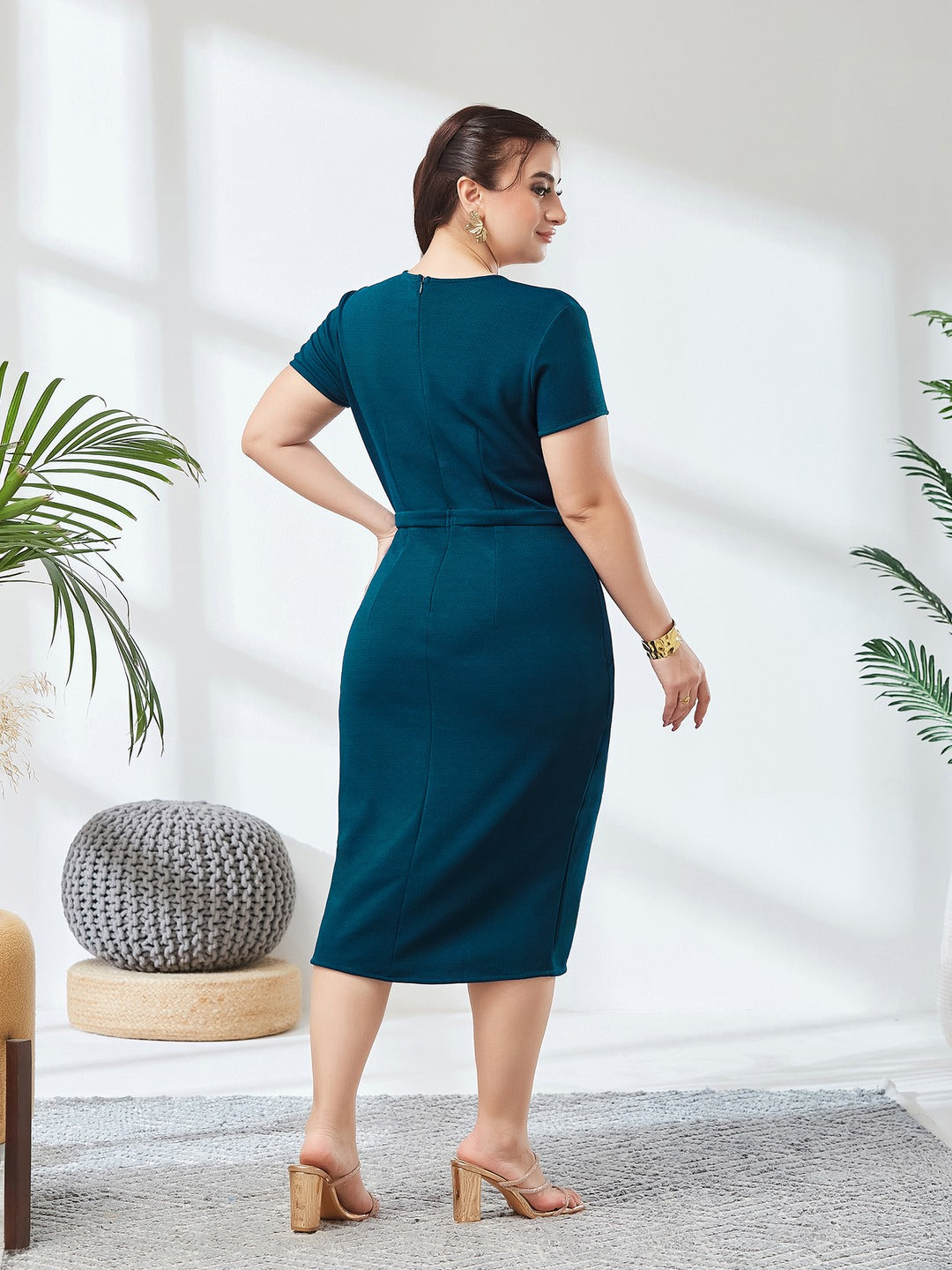 Teal Wrap-Styled Short Sleeve Solid Pleated Knee-Long Dress for Women