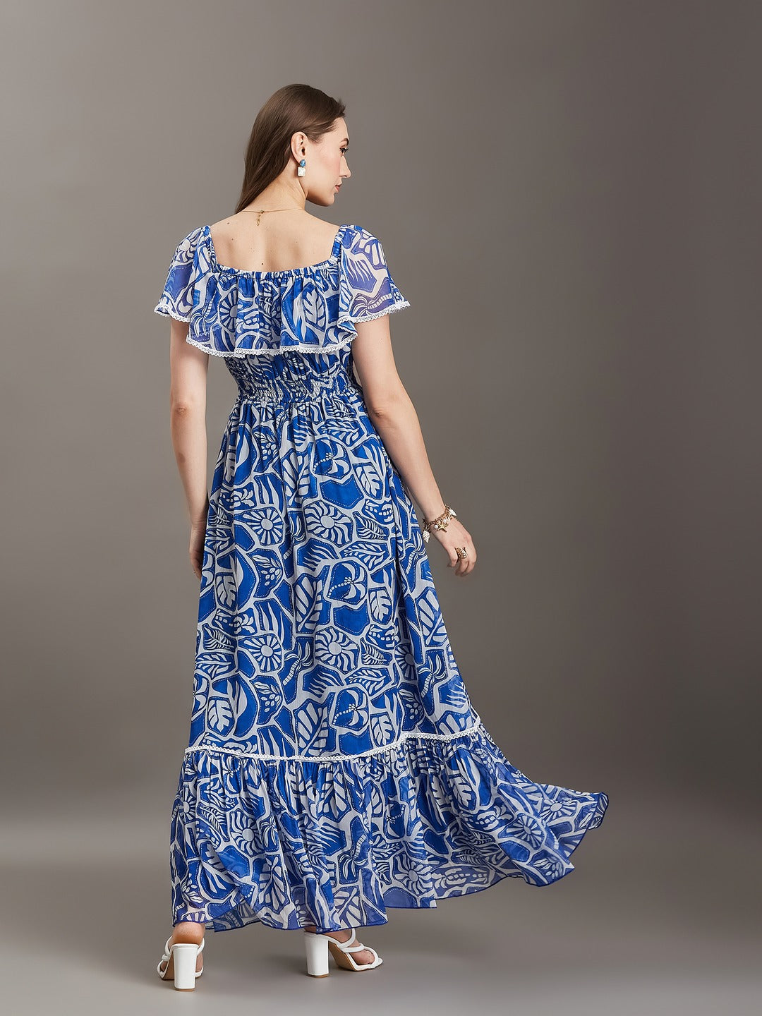 White And Blue Square Neck Cape Floral Tiered Maxi Chiffon Dress for Women