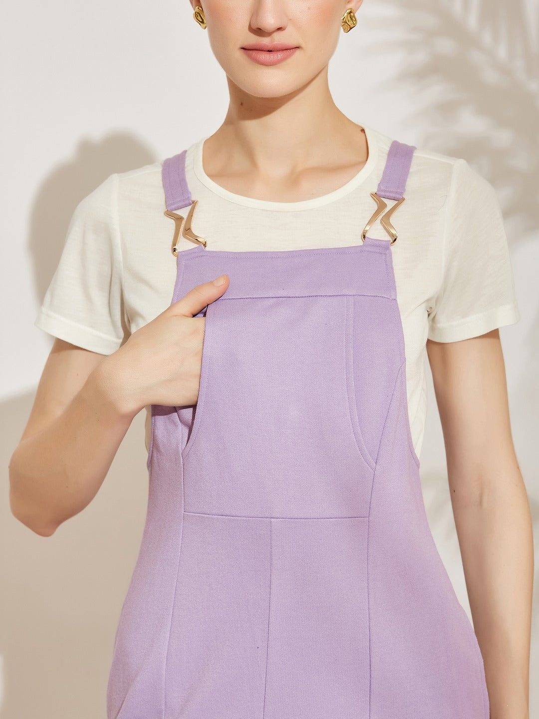 Lavender Round Neck Half Sleeve Solid Panneled/ Pinafore Knee-Long Polyester Dress Co-Ord Set for Women