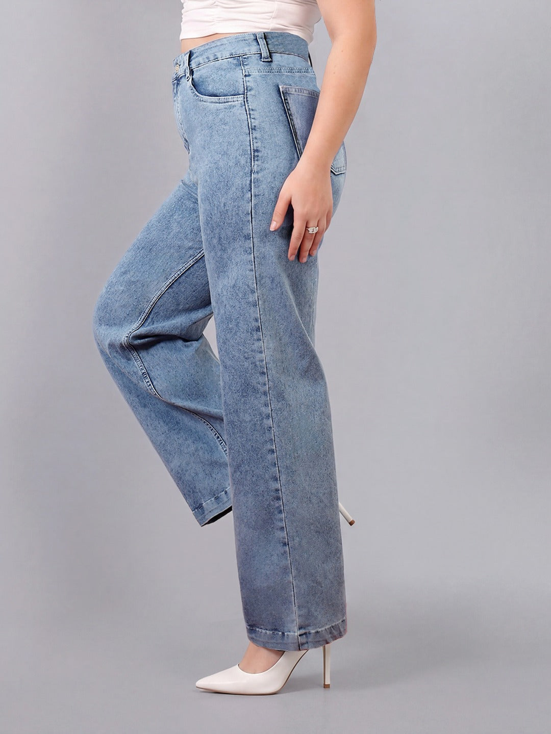 Light Blue Wide-Leg High Rise Regular Stretchable Denim Jeans for Women
