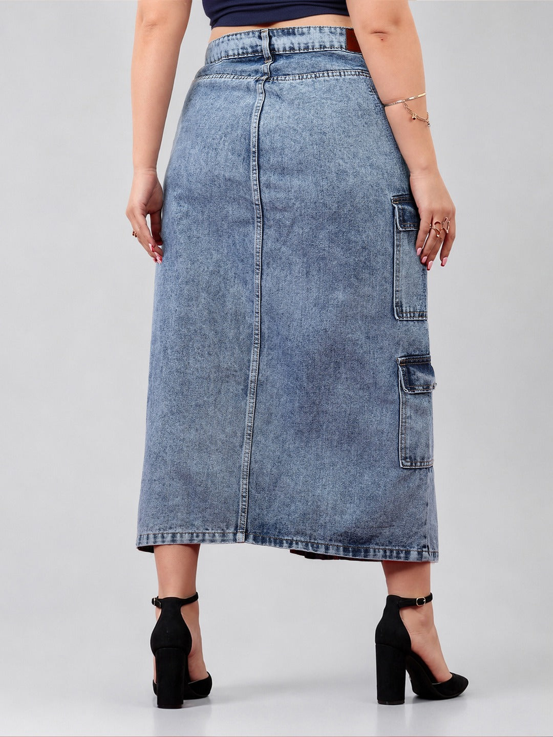 Blue Straight-Fit High-Rise Non-stretchable Denim Midi Skirt for Women