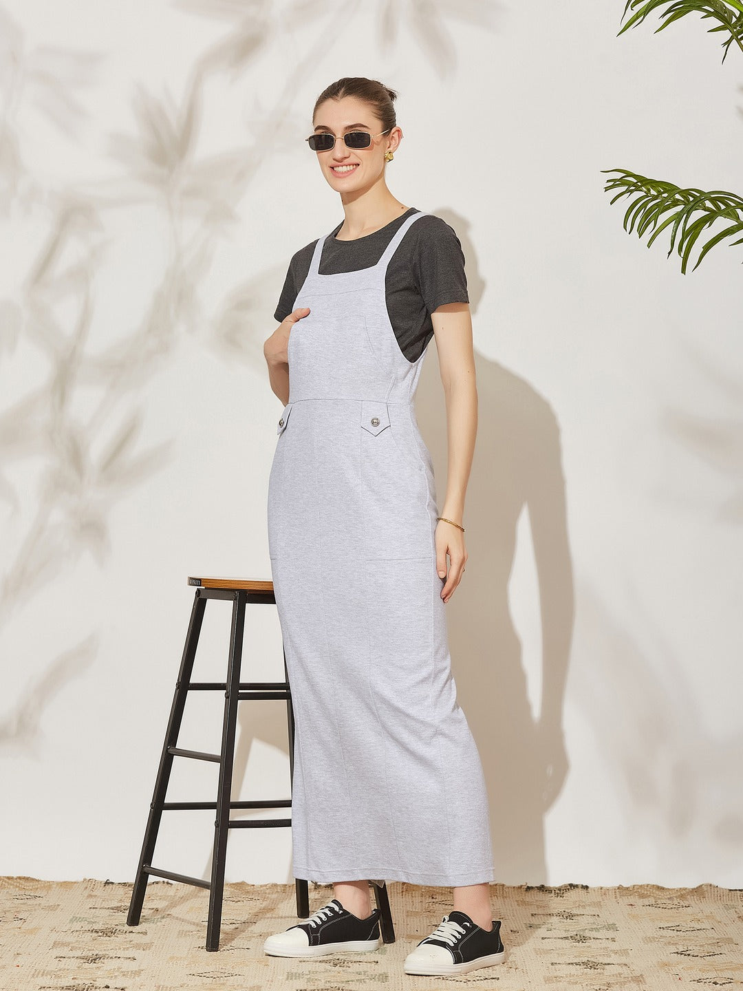 Grey and Black Solid Cotton Pinafore Maxi Co-ord Set with Utility Pockets for Women