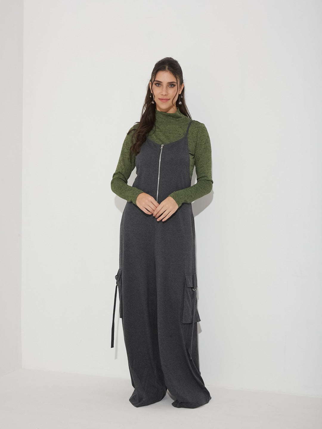 Charcoal Grey and Green Turtle Neck Full Sleeve Solid Regular Fit Cotton Dungaree Co-Ord Set for Women