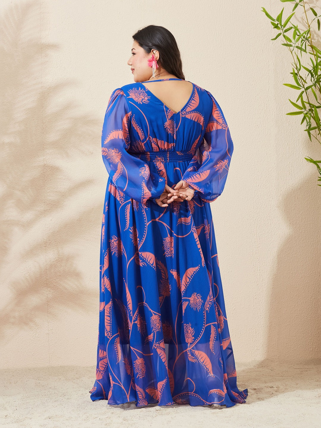 Royal Blue & Coral Floral V-Neck Bishop Sleeve Smocked Chiffon Maxi Dress for Women