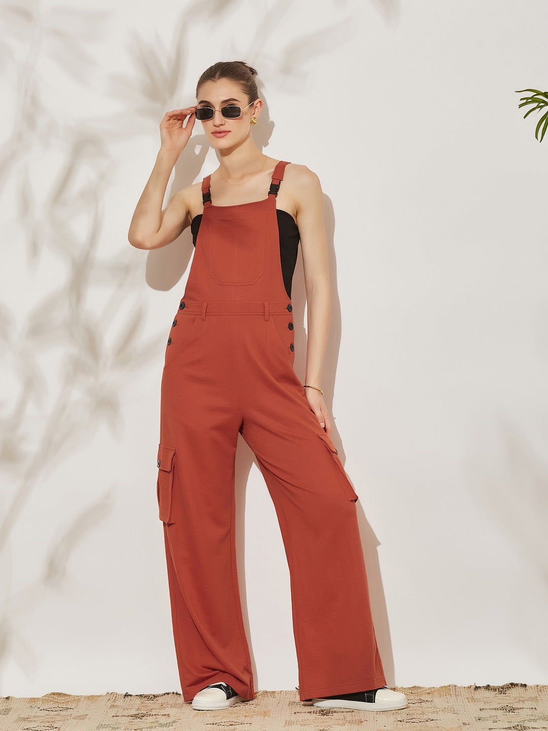 Rust Square Neck Sleeveless Solid Wide Leg Full Length Cotton Dungaree for Women