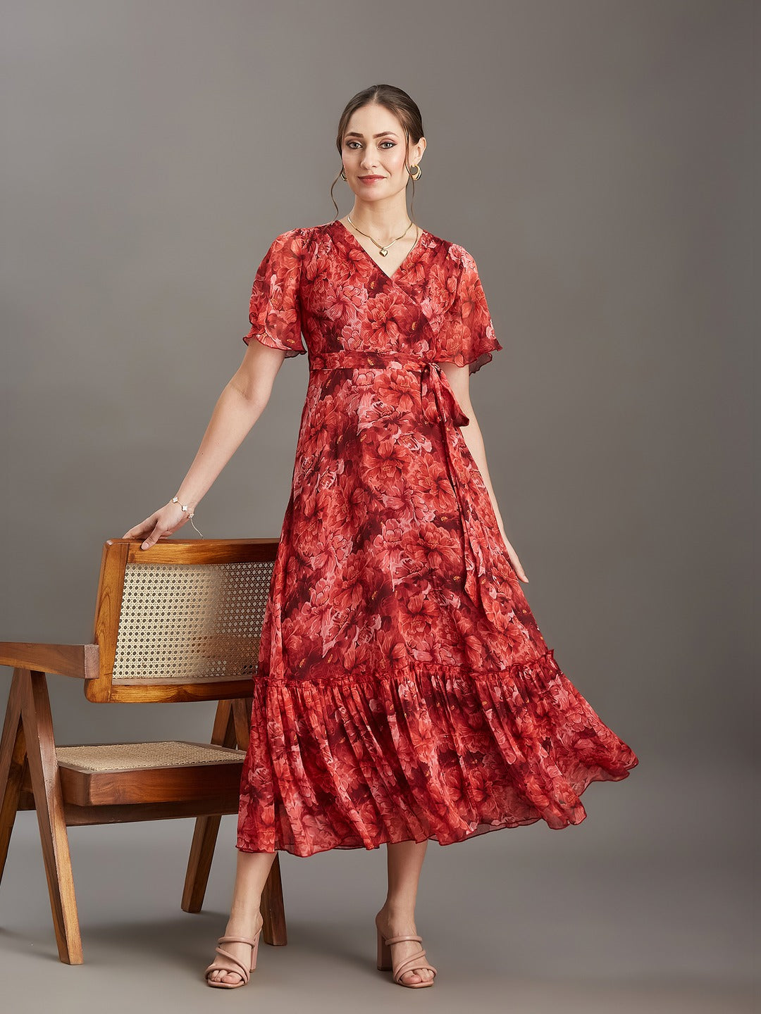 Red V-Neck Half Sleeve Floral Wrap Maxi Chiffon Dress for Women