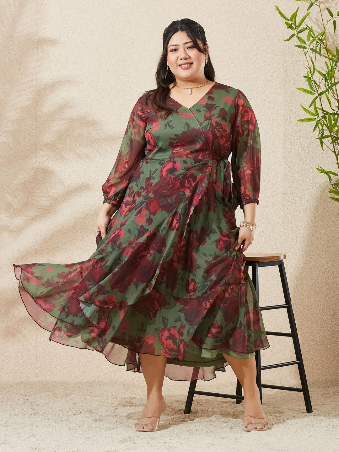 Olive & Wine Floral V-Neck 3/4 Sleeve Wrap Midi Chiffon Dress for Women