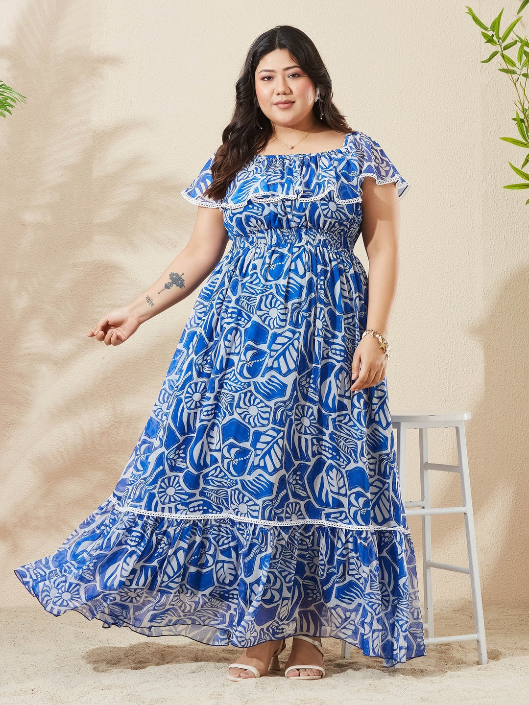 White And Blue Square Neck Cape Floral Tiered Maxi Chiffon Dress for Women