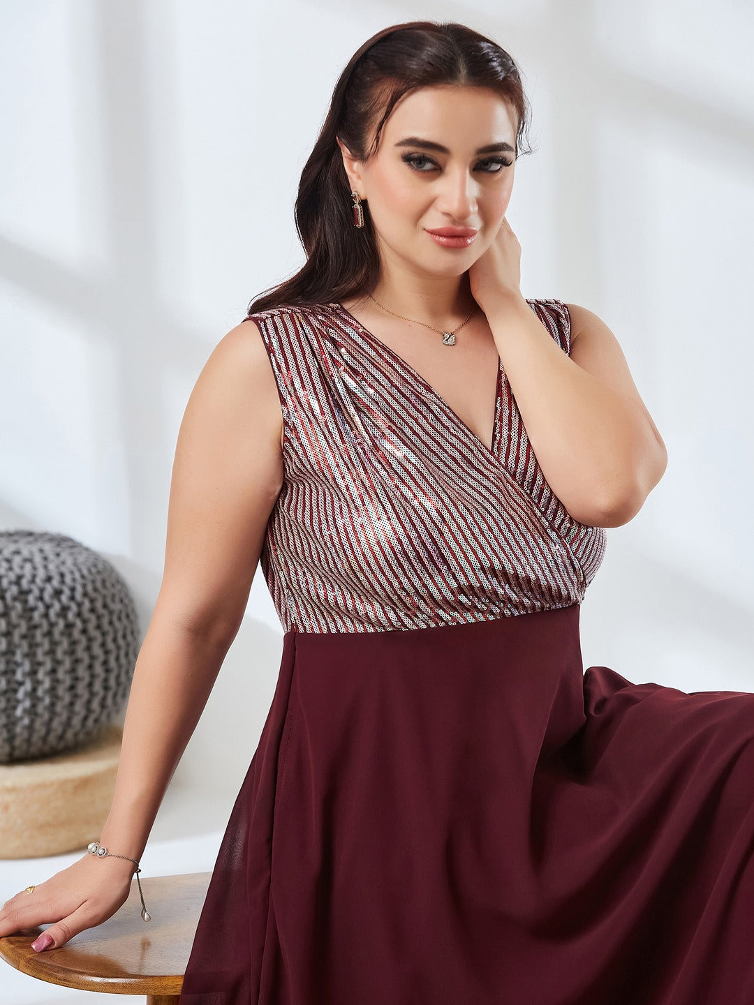 Wine V-Neck Sleeveless Embellished Wrap-Styled Maxi Georgette Dress for Women