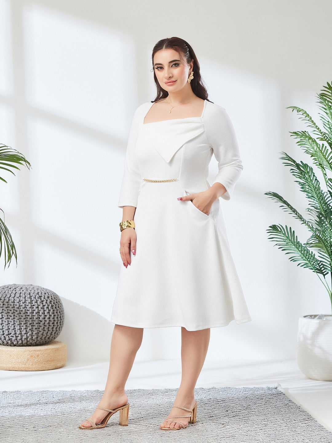 Off White Solid Square Neck Raglan Sleeves Side Pocketed Polyester Fit and Flare Knee-Length Dress for Women