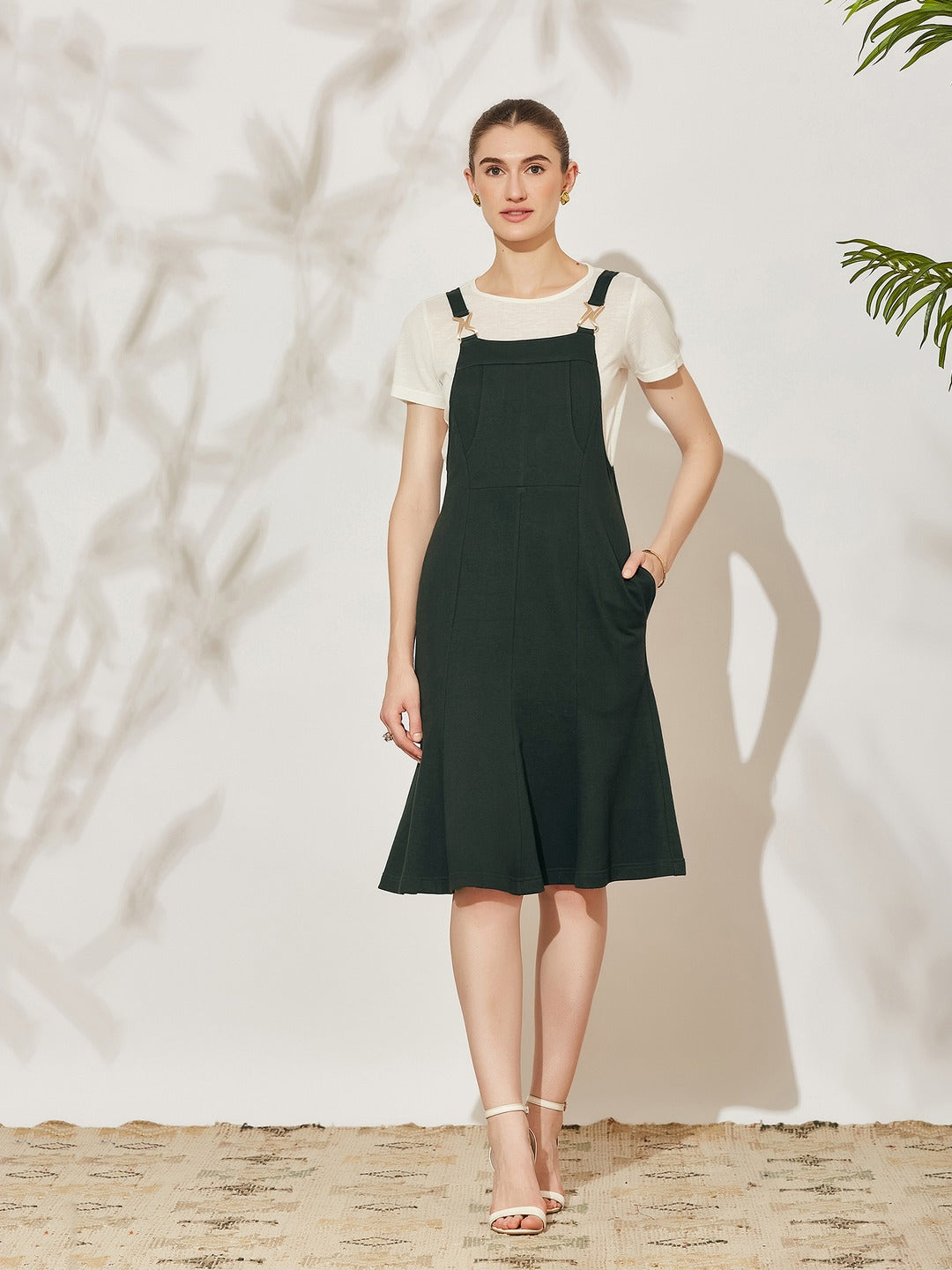 Bottle Green Round Neck Half Sleeve Solid Panneled/ Pinafore Knee-Long Polyester Dress Co-Ord Set for Women