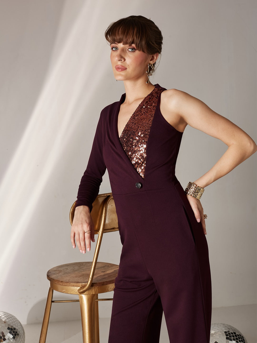 Wine Embellished Shawl Collar Asymmetric Polyester Blazer-Styled Slim Fit Regular Jumpsuit for Women